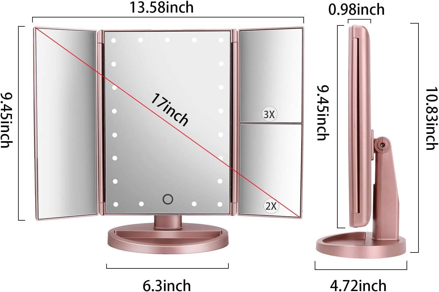 "Dresser Mount Tri-Fold Lighted Vanity Mirror β 21 LED Lights, Touch Screen, 3X/2X/1X Magnification