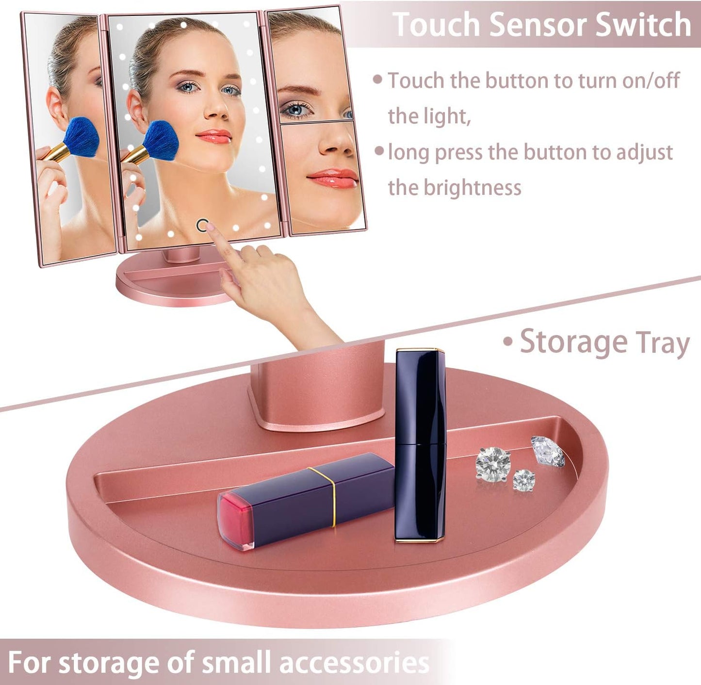 "Dresser Mount Tri-Fold Lighted Vanity Mirror β 21 LED Lights, Touch Screen, 3X/2X/1X Magnification