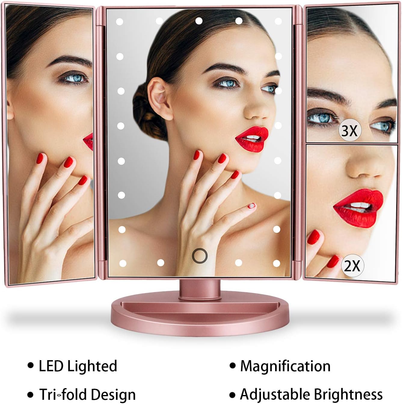"Dresser Mount Tri-Fold Lighted Vanity Mirror β 21 LED Lights, Touch Screen, 3X/2X/1X Magnification