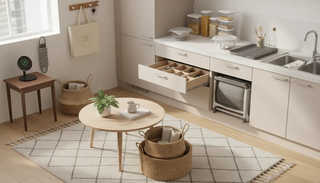 Cozy, tidy home vignette with a washable rug, woven baskets, magnetic phone charger, cable organizer, stackable containers and other affordable everyday essentials