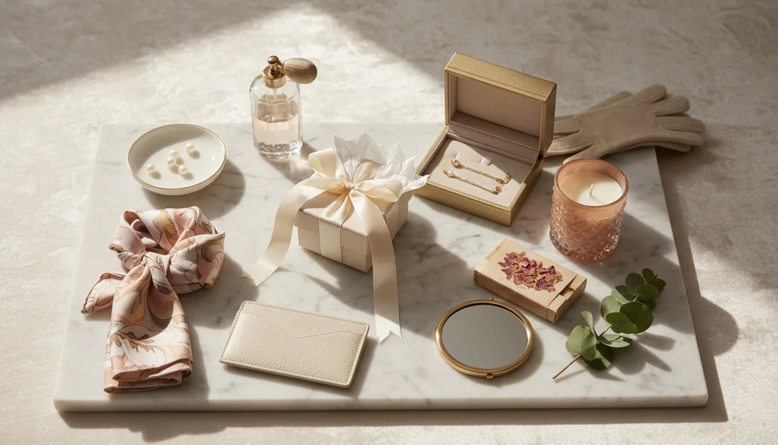 Flatlay of chic small luxury gifts under $100: gold-trimmed jewelry box, silk scarf, porcelain dish, glass perfume bottle and textured candle on marble and velvet backdrop