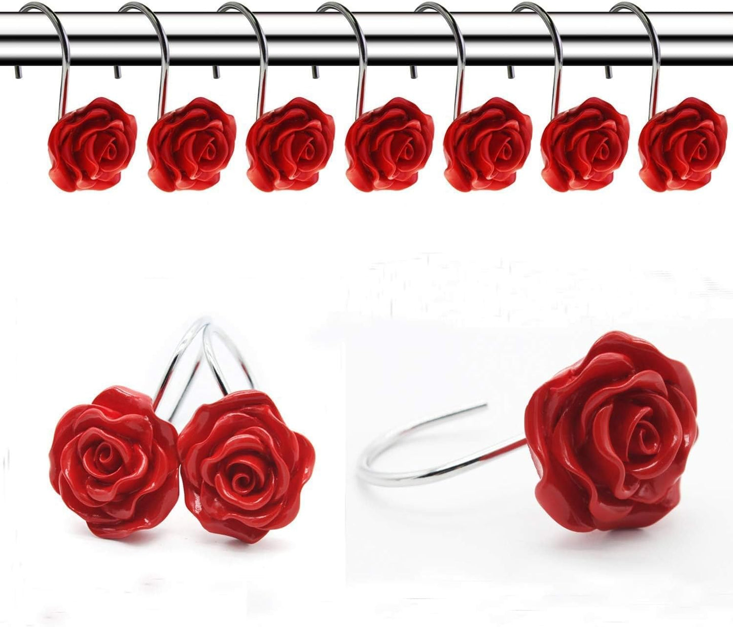 12 PCS Decorative Anti-Rust Shower Curtain Hooks - Rose Design (Red)