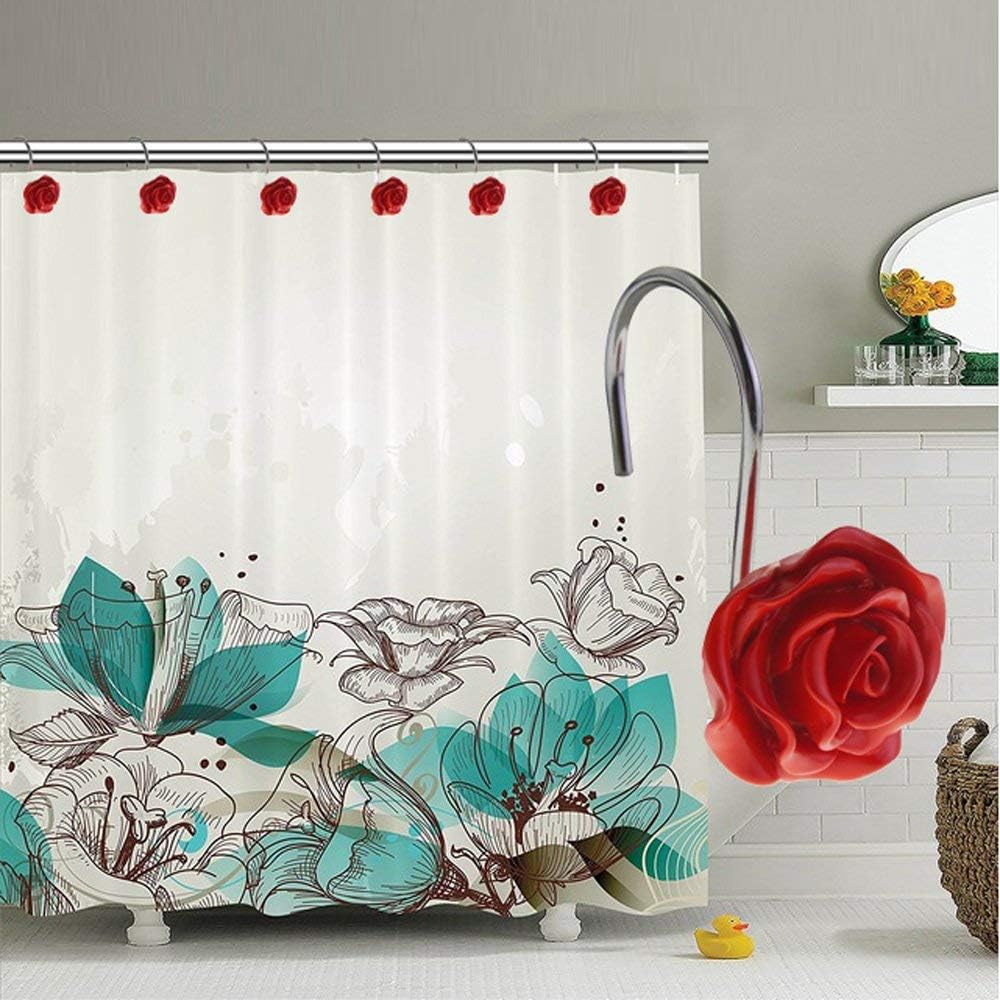 12 PCS Decorative Anti-Rust Shower Curtain Hooks - Rose Design (Red)