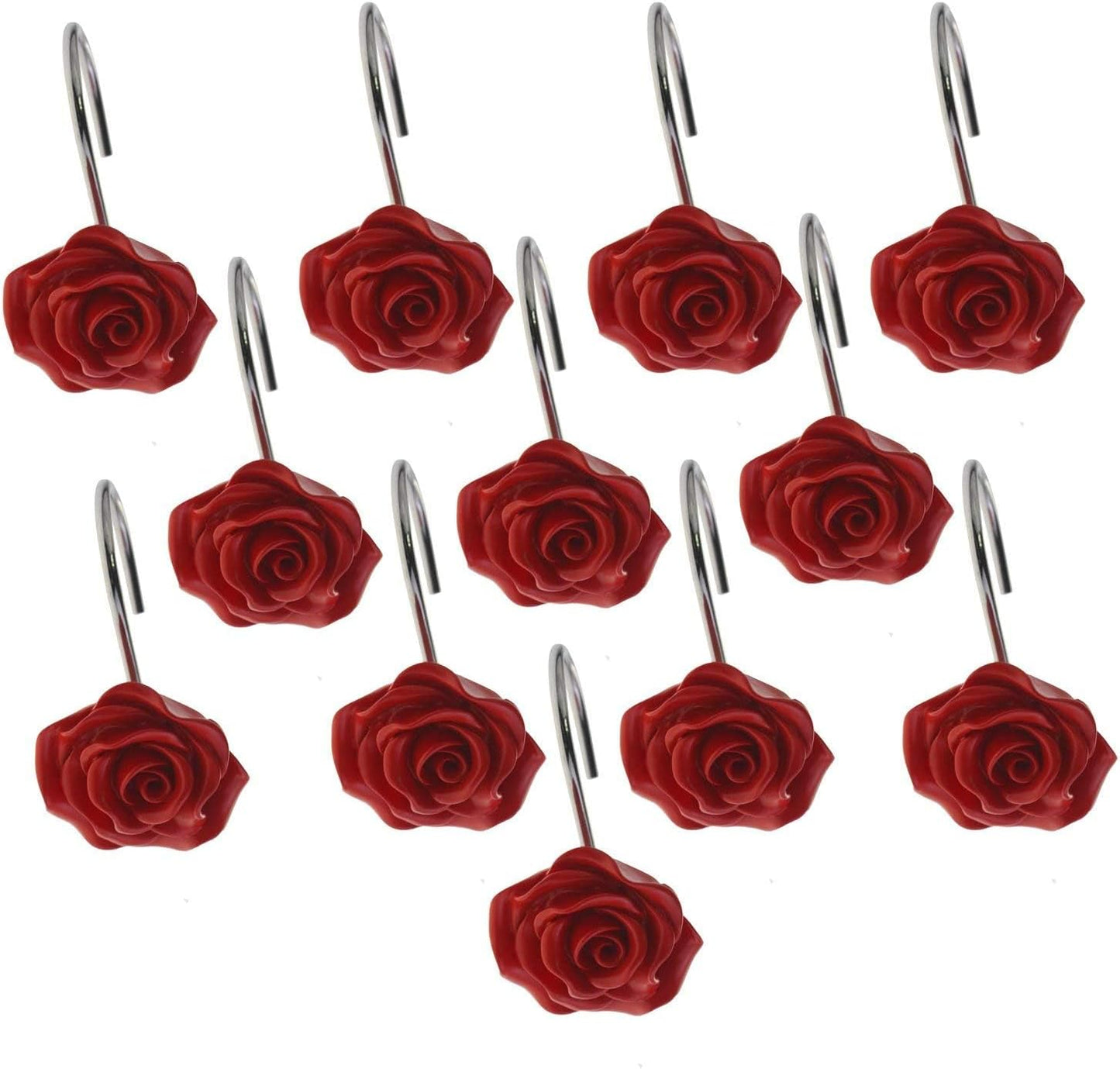 12 PCS Decorative Anti-Rust Shower Curtain Hooks - Rose Design (Red)