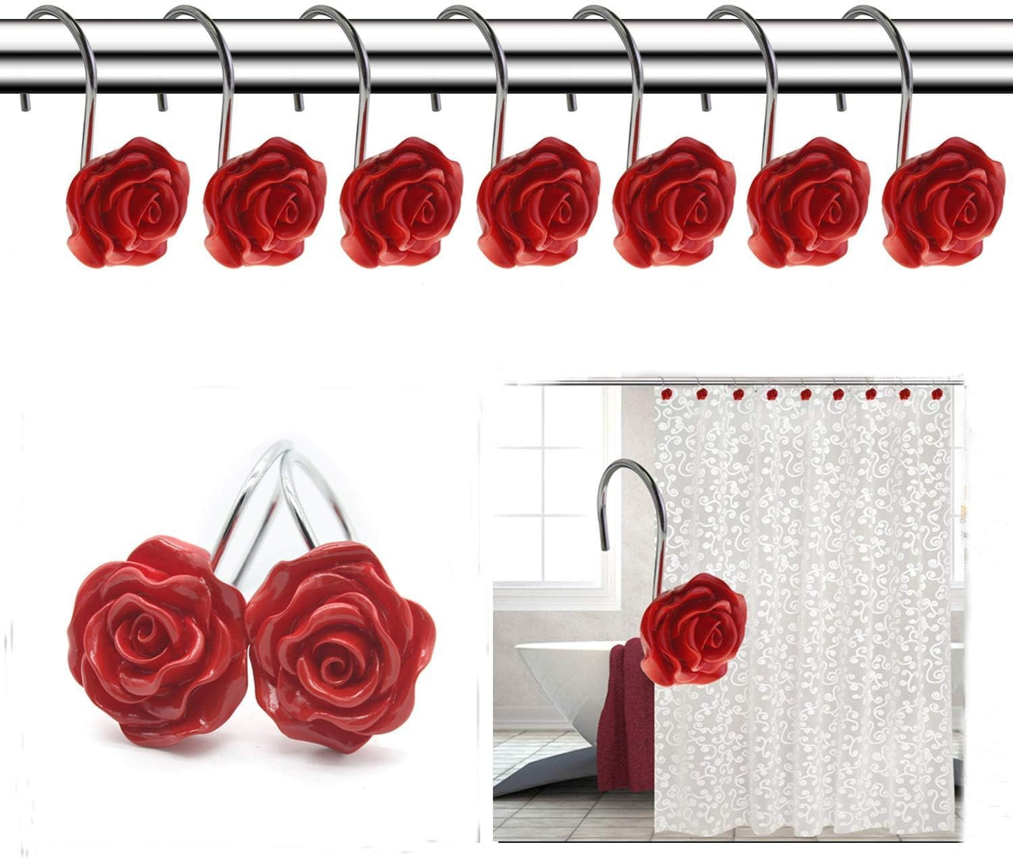 12 PCS Decorative Anti-Rust Shower Curtain Hooks - Rose Design (Red)