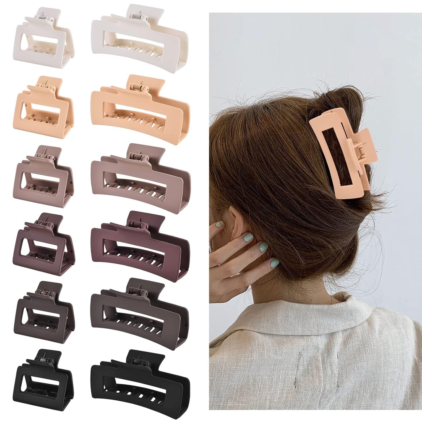 12-Piece Rectangle Hair Clips – 6 Large 4-Inch Clips for Thick Hair & 6 Small 2-Inch Clips for Thin Hair (Neutral)