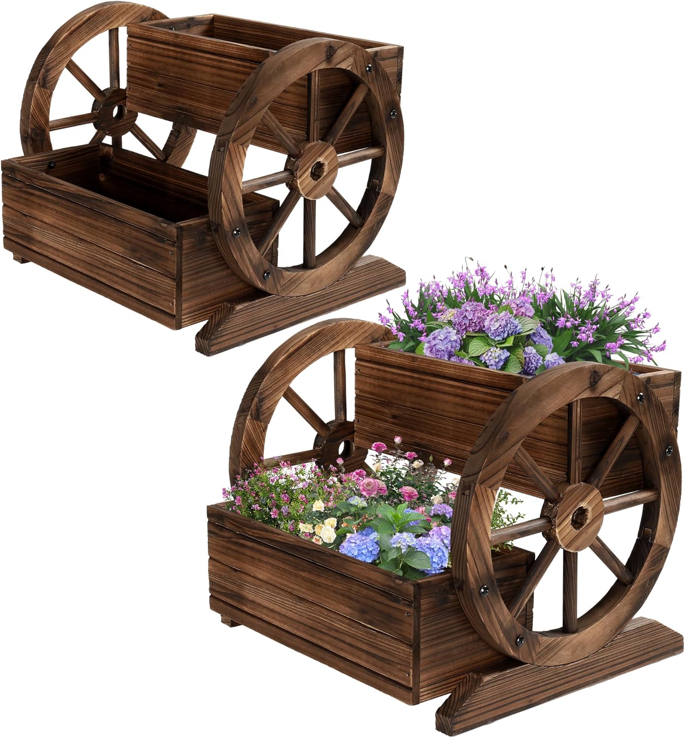 2PCS Wooden Wagon Planter Box with Wheels – Decorative Flower Cart for Garden, Patio & Balcony