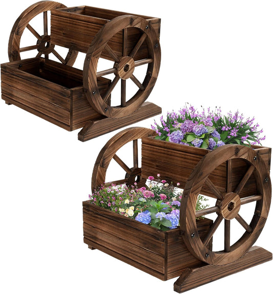 2PCS Wooden Wagon Planter Box with Wheels – Decorative Flower Cart for Garden, Patio & Balcony