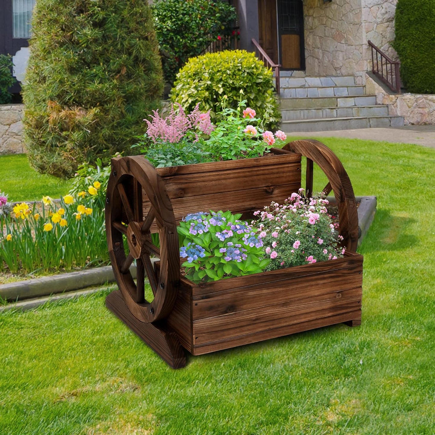 2PCS Wooden Wagon Planter Box with Wheels – Decorative Flower Cart for Garden, Patio & Balcony