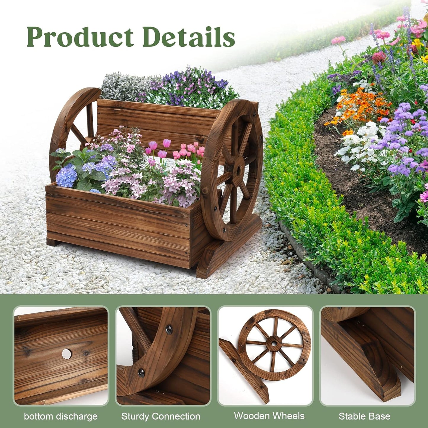 2PCS Wooden Wagon Planter Box with Wheels – Decorative Flower Cart for Garden, Patio & Balcony
