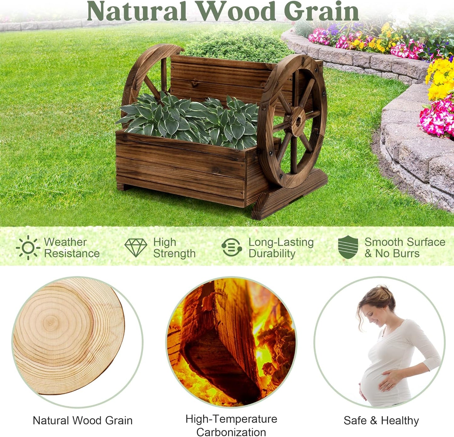 2PCS Wooden Wagon Planter Box with Wheels – Decorative Flower Cart for Garden, Patio & Balcony