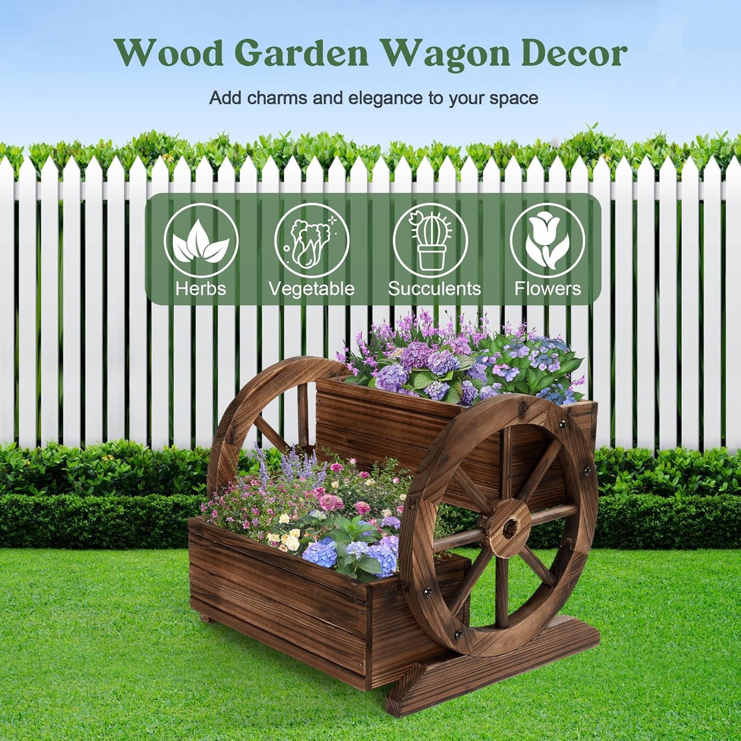 2PCS Wooden Wagon Planter Box with Wheels – Decorative Flower Cart for Garden, Patio & Balcony