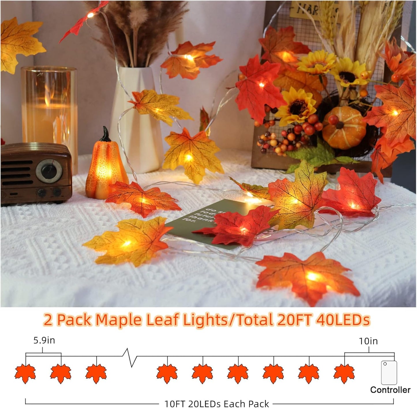 2-Pack Maple Leaf String Lights – 20ft 40LED Battery-Operated Fall Garland for Thanksgiving Decor