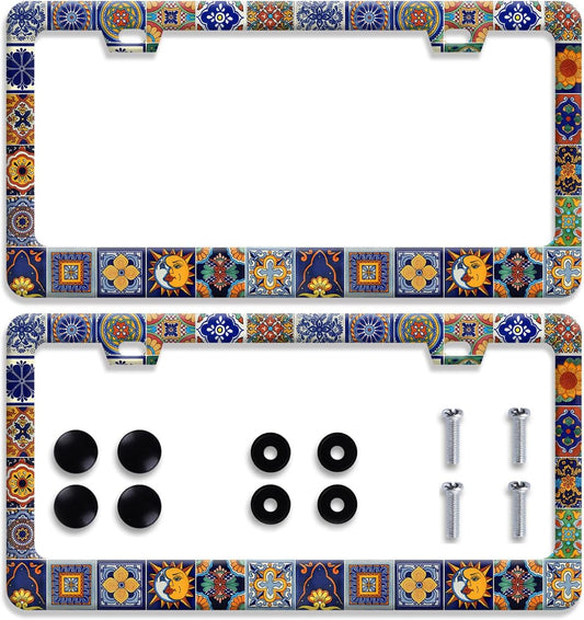 2Pcs Mexican Tiles Mandala License Plate Frames, Boho Stainless Steel Car Decor