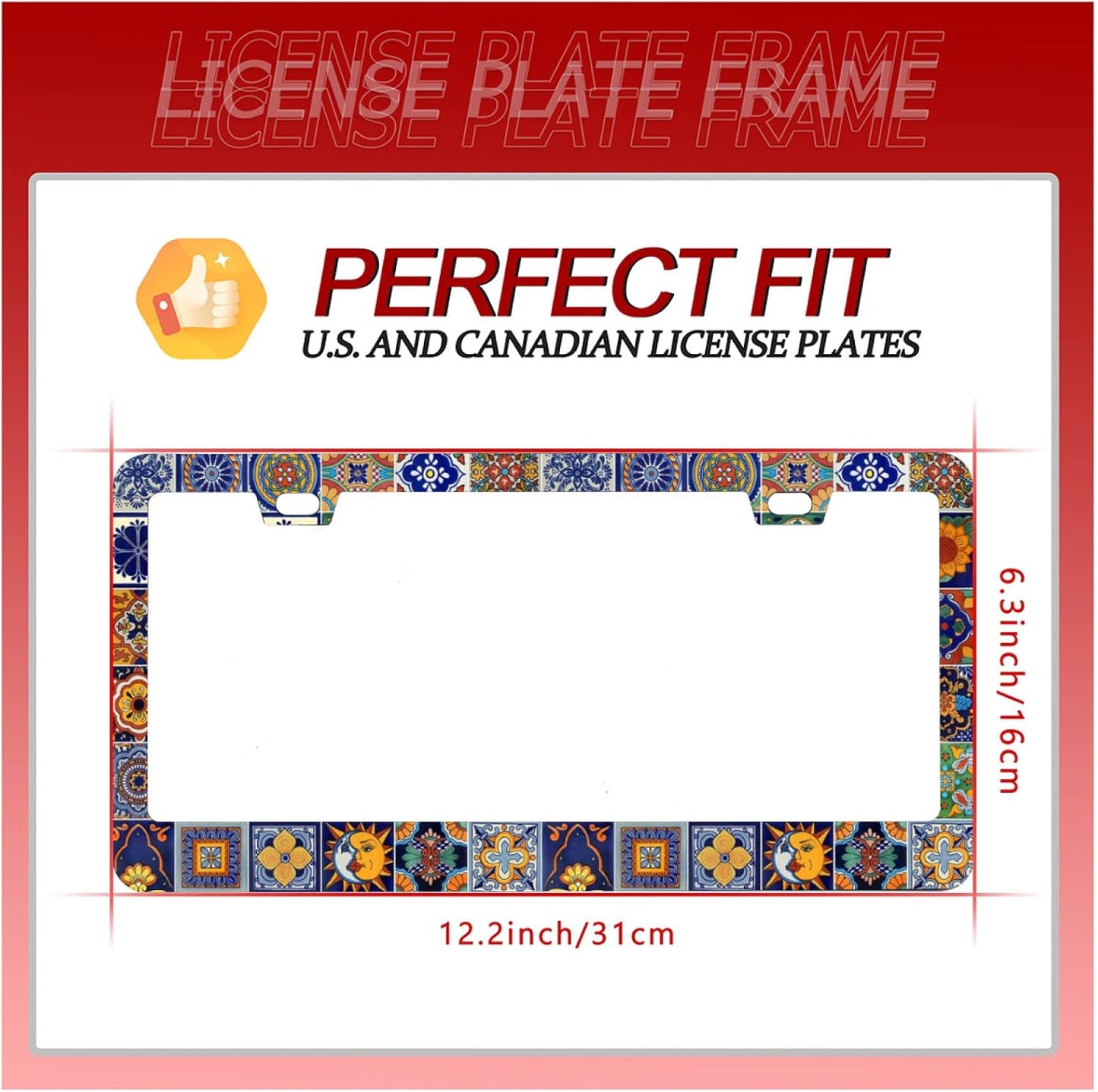 2Pcs Mexican Tiles Mandala License Plate Frames, Boho Stainless Steel Car Decor