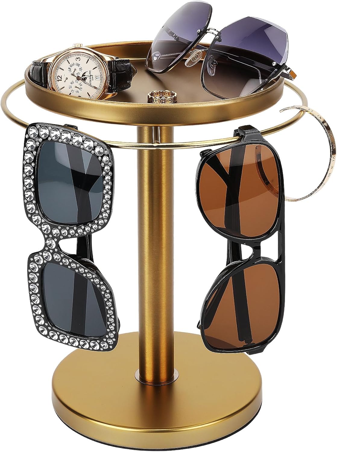 360° Rotating Sunglass Organizer - Stainless Steel Glasses Holder Stand with Tray for Desk, Dresser, Tabletop (Gold)