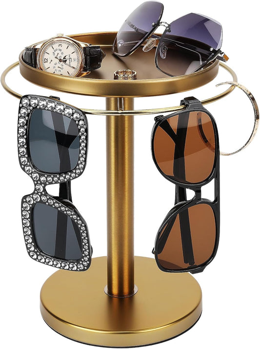 360° Rotating Sunglass Organizer - Stainless Steel Glasses Holder Stand with Tray for Desk, Dresser, Tabletop (Gold)
