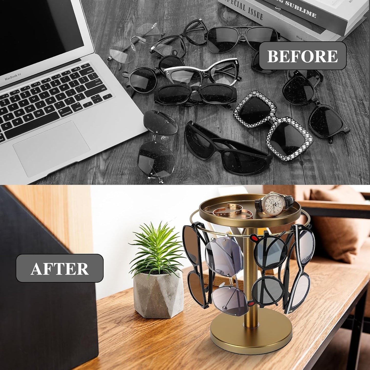 360° Rotating Sunglass Organizer - Stainless Steel Glasses Holder Stand with Tray for Desk, Dresser, Tabletop (Gold)