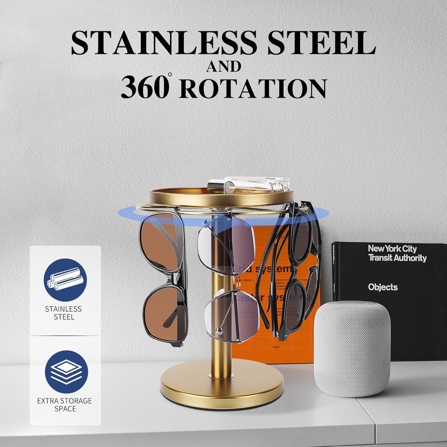 360° Rotating Sunglass Organizer - Stainless Steel Glasses Holder Stand with Tray for Desk, Dresser, Tabletop (Gold)