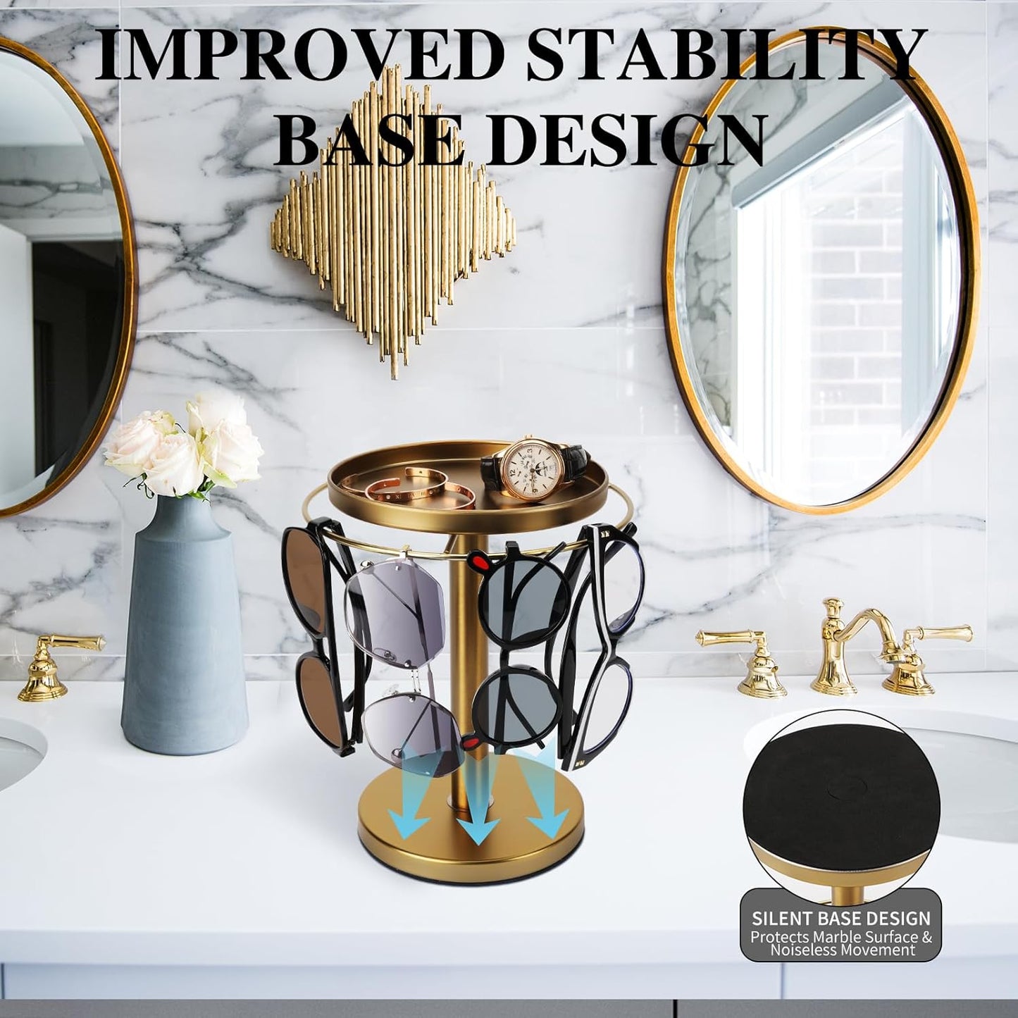 360° Rotating Sunglass Organizer - Stainless Steel Glasses Holder Stand with Tray for Desk, Dresser, Tabletop (Gold)