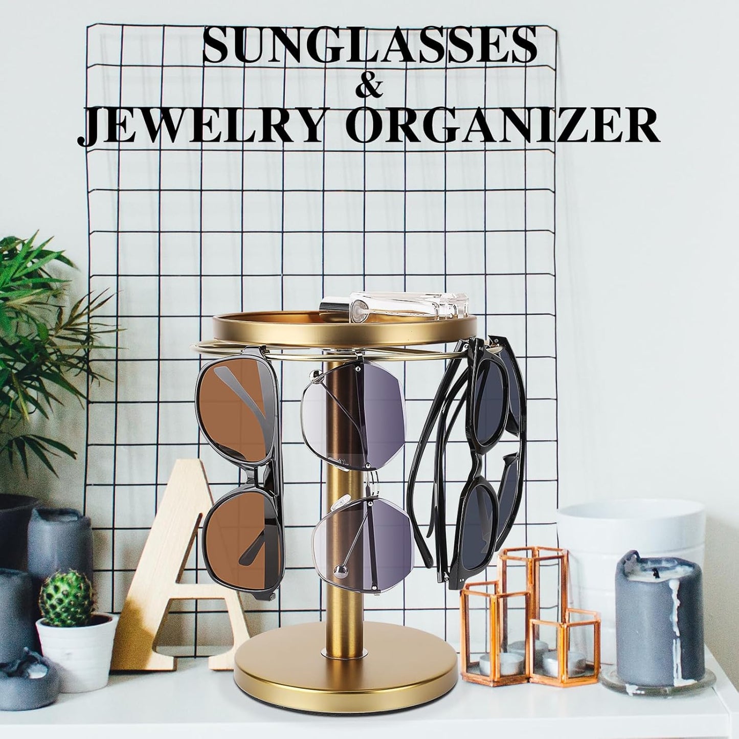 360° Rotating Sunglass Organizer - Stainless Steel Glasses Holder Stand with Tray for Desk, Dresser, Tabletop (Gold)