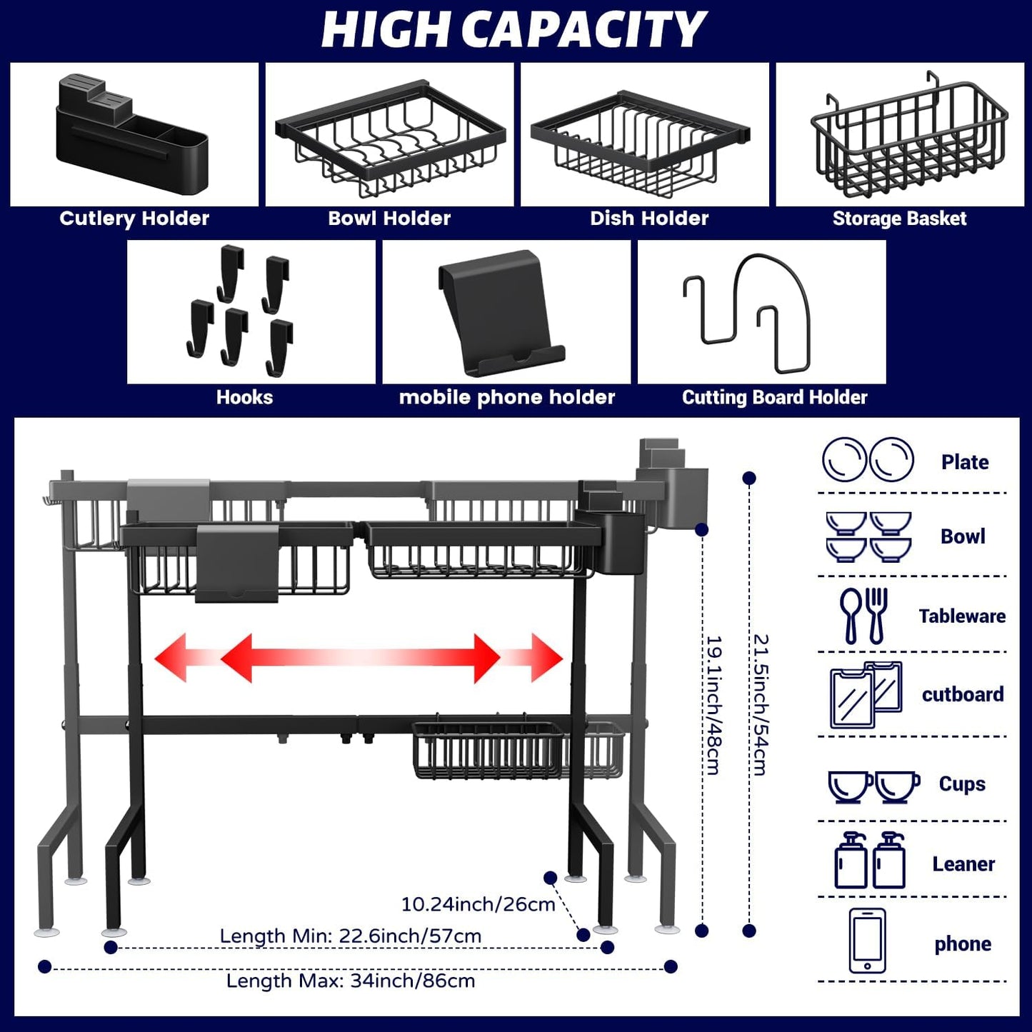 Over Sink Dish Drying Rack – 2-Tier Expandable Snap-On Design, Adjustable Length & Height
