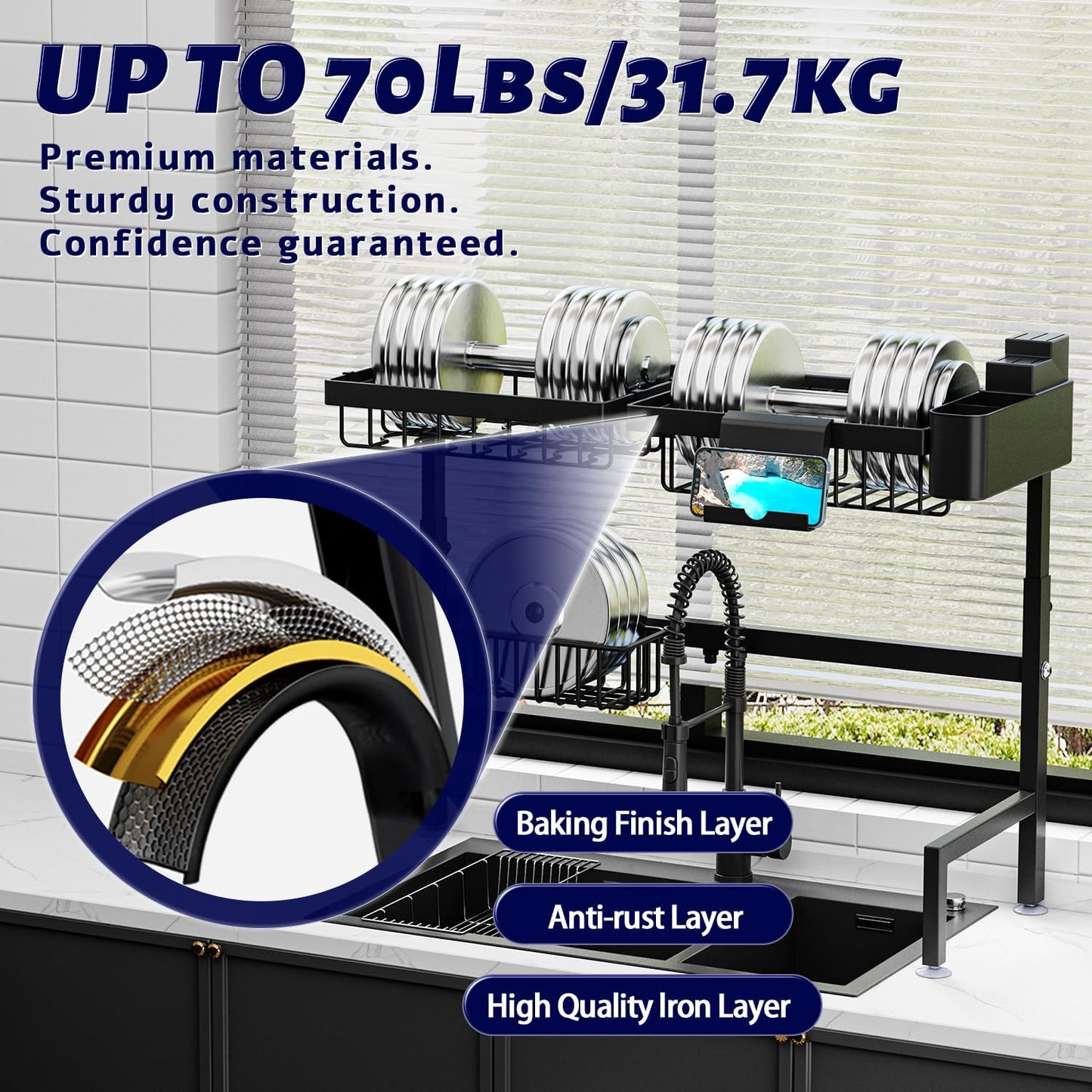 Over Sink Dish Drying Rack – 2-Tier Expandable Snap-On Design, Adjustable Length & Height