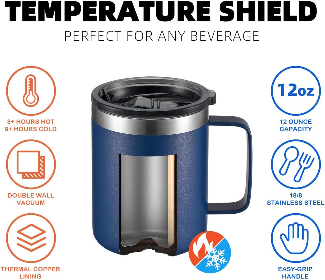 12oz Stainless Steel Insulated Coffee Mug with Handle & Sliding Lid - Navy