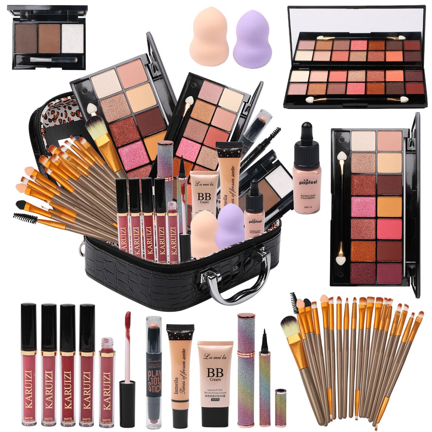 All-in-One Makeup Kit – 2x14 Colors Eyeshadow, Foundation, Lip Gloss, Brushes & More (Black)