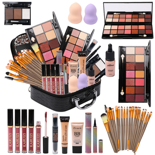 All-in-One Makeup Kit – 2x14 Colors Eyeshadow, Foundation, Lip Gloss, Brushes & More (Black)