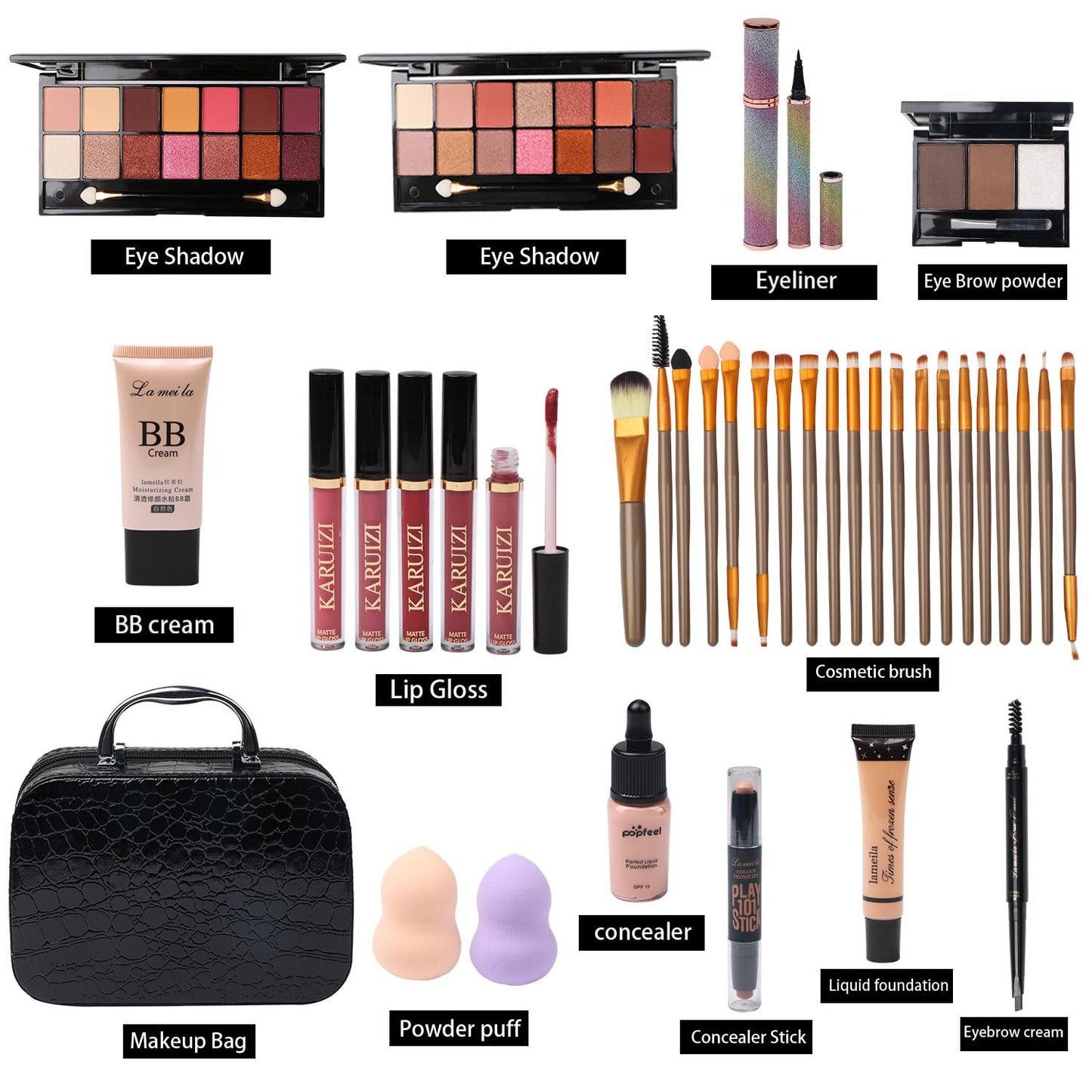 All-in-One Makeup Kit – 2x14 Colors Eyeshadow, Foundation, Lip Gloss, Brushes & More (Black)