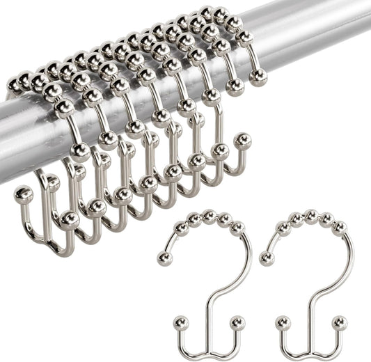 Rust-Resistant Metal Shower Curtain Hooks – Double Roller Rings for Curtain Rods (12PCS, Nickel)