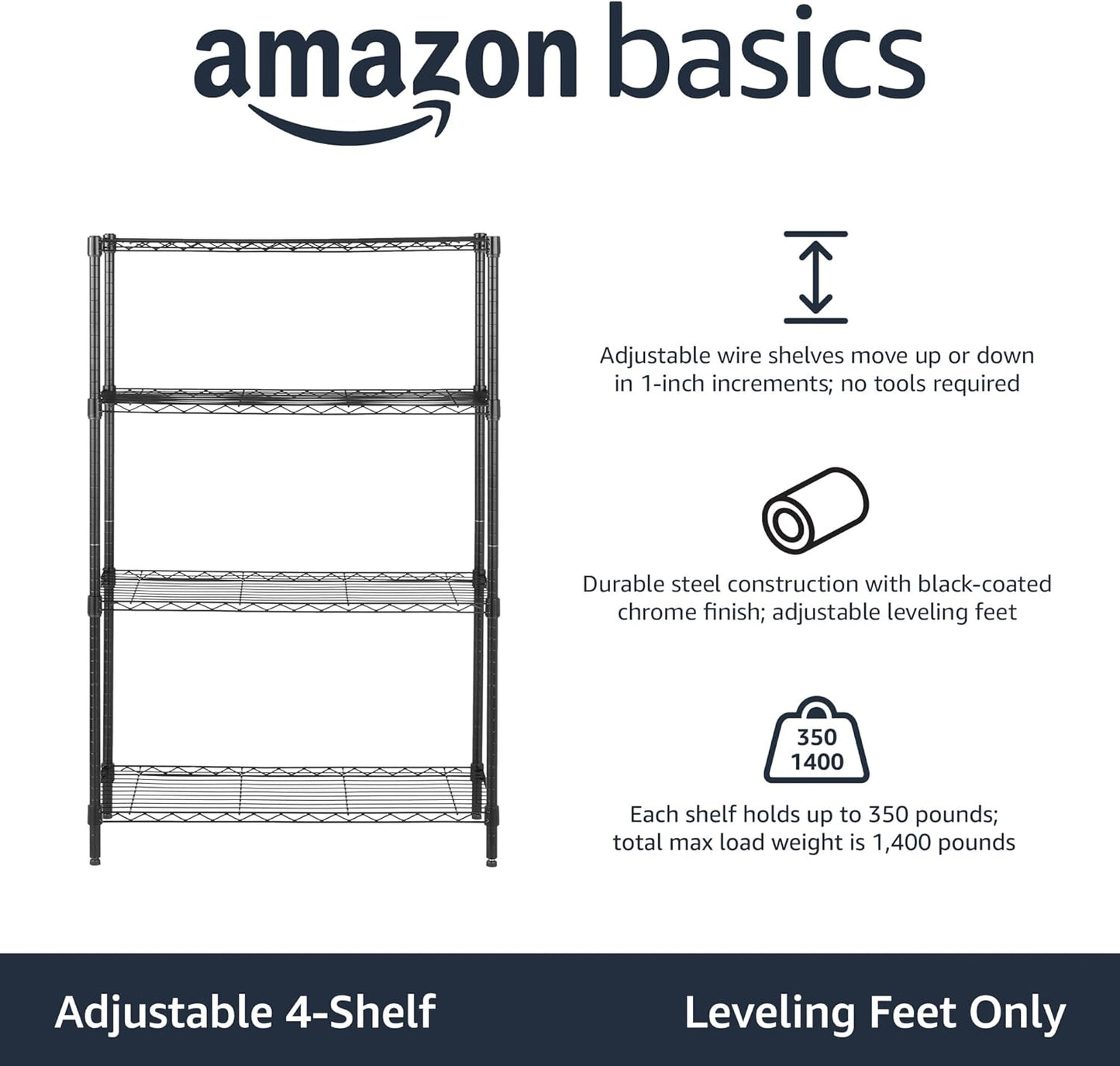4-Shelf Adjustable Heavy-Duty Steel Wire Rack - Storage Organizer for Kitchen & Garage (36”L x 14”W x 54”H, Black)