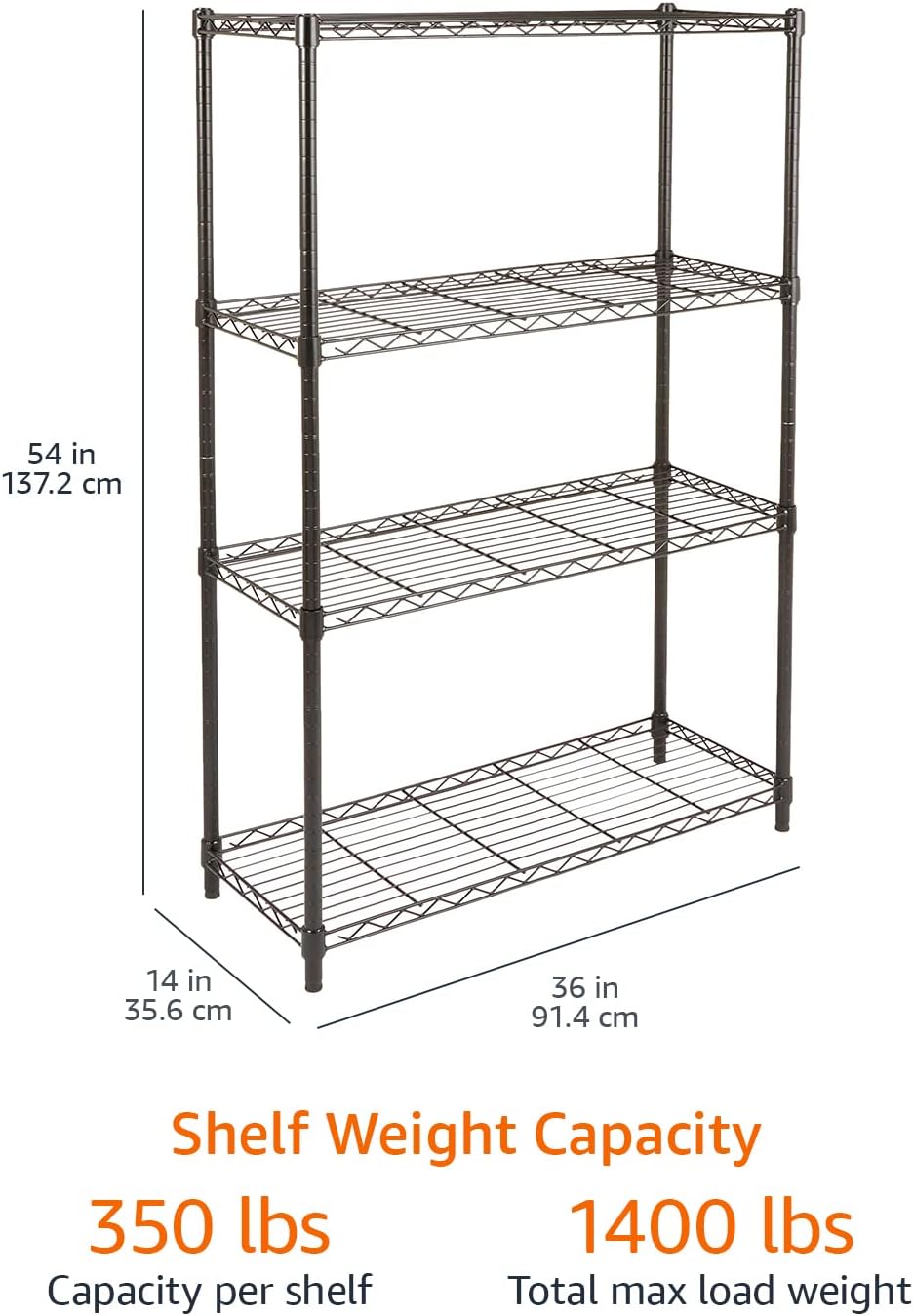 4-Shelf Adjustable Heavy-Duty Steel Wire Rack - Storage Organizer for Kitchen & Garage (36”L x 14”W x 54”H, Black)