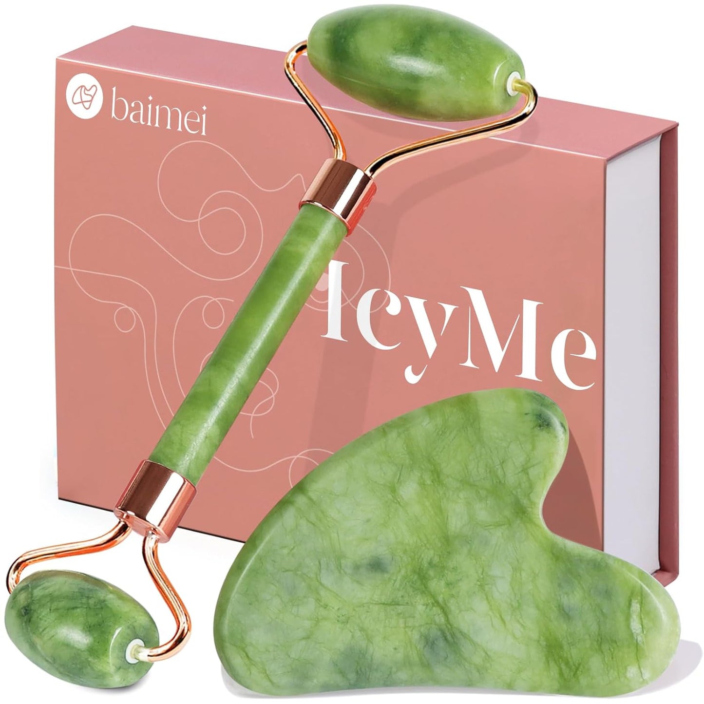 IcyMe Jade Roller & Gua Sha Set, Green Facial Tools for Puffiness & Redness, Skin Care Gift for Men & Women