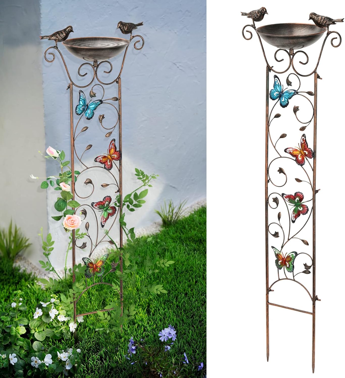 Bird Bath with Trellis – Antique Metal Stand, Butterfly Design, Detachable Bowl, Climbing Plant Support