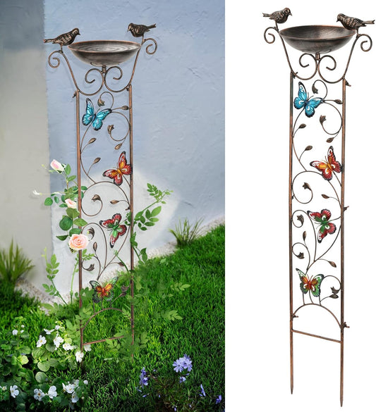 Bird Bath with Trellis – Antique Metal Stand, Butterfly Design, Detachable Bowl, Climbing Plant Support