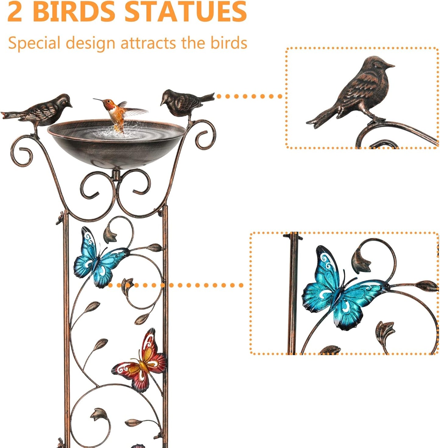 Bird Bath with Trellis – Antique Metal Stand, Butterfly Design, Detachable Bowl, Climbing Plant Support