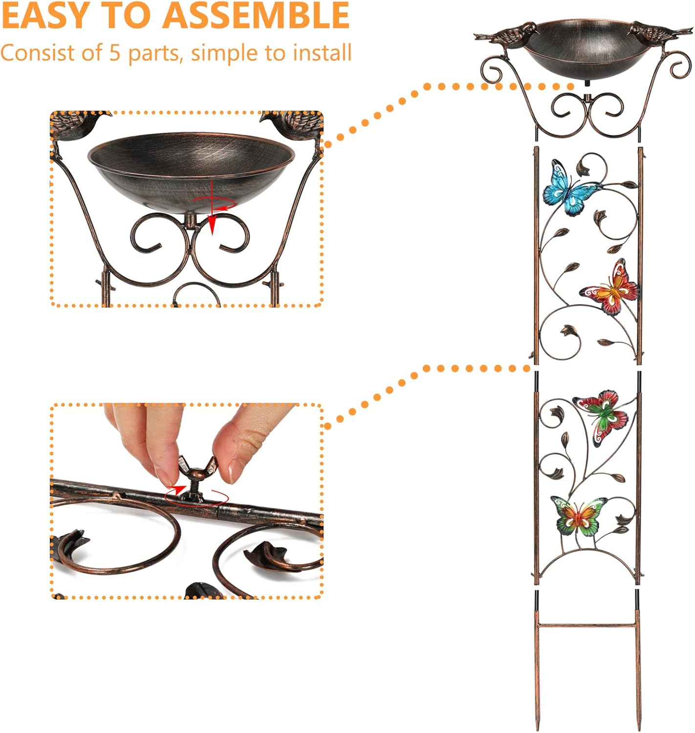 Bird Bath with Trellis – Antique Metal Stand, Butterfly Design, Detachable Bowl, Climbing Plant Support