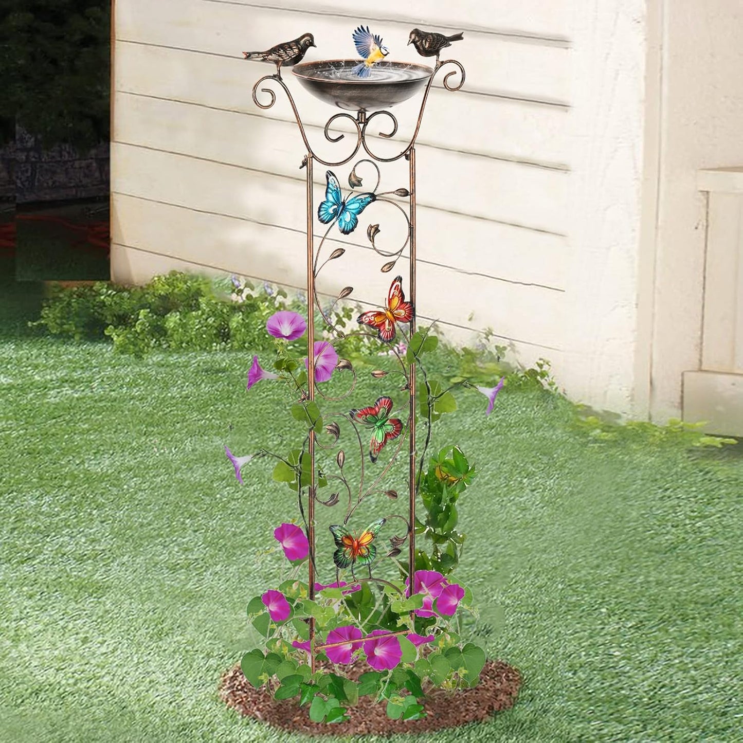 Bird Bath with Trellis – Antique Metal Stand, Butterfly Design, Detachable Bowl, Climbing Plant Support
