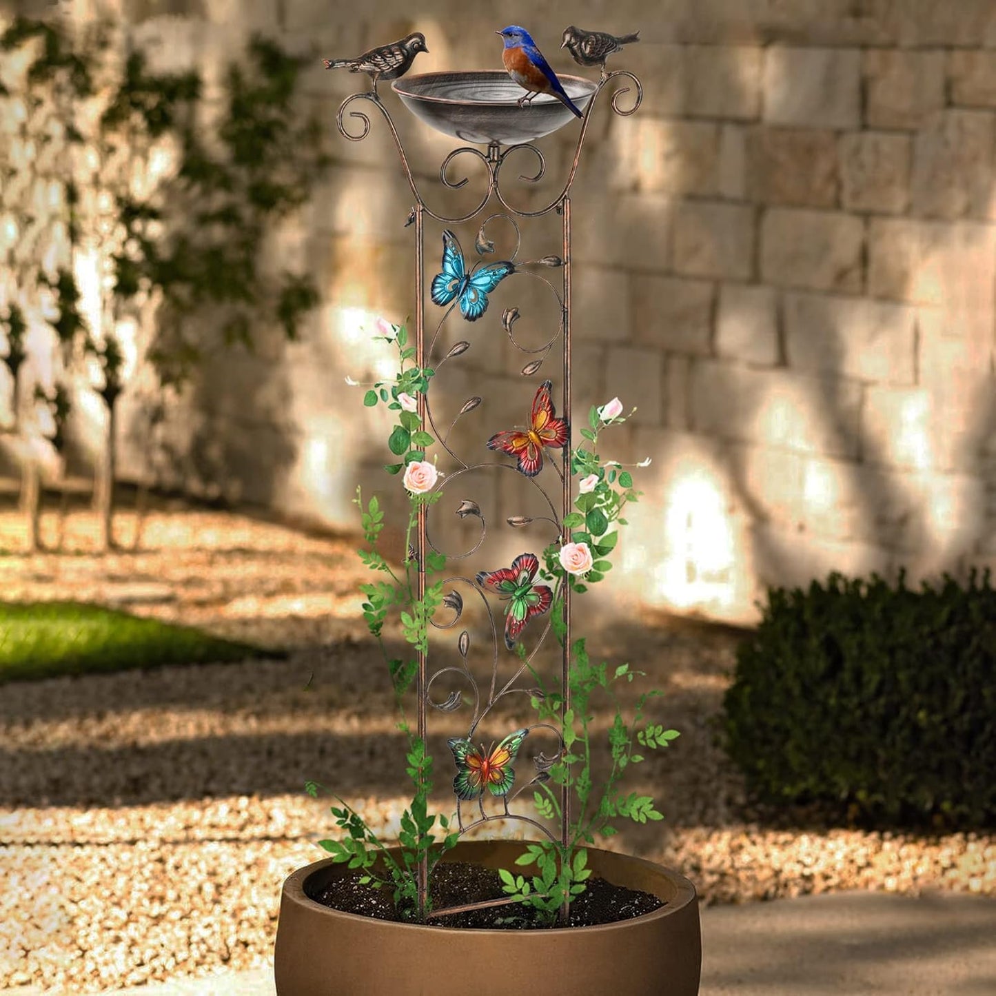 Bird Bath with Trellis – Antique Metal Stand, Butterfly Design, Detachable Bowl, Climbing Plant Support