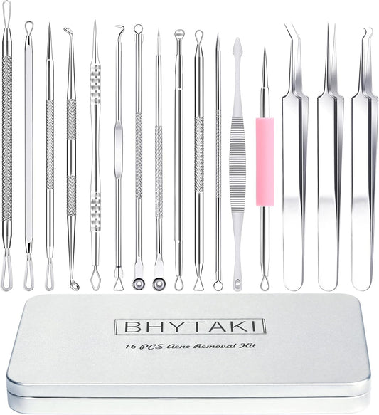 16-Piece Blackhead Remover Kit – 2024 Stainless Acne Extractor Tools with Metal Case