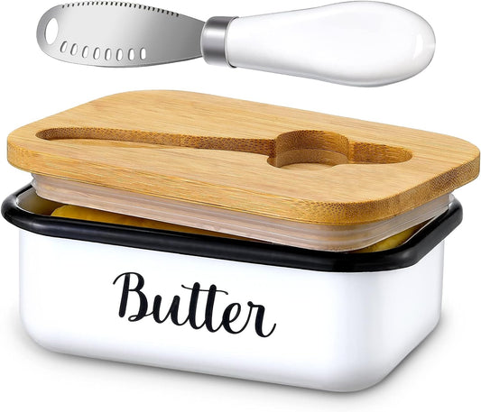 Unbreakable Butter Dish with Lid & Curler Knife – Metal Container with Double Silicone Sealing for Kitchen Farmhouse Decor