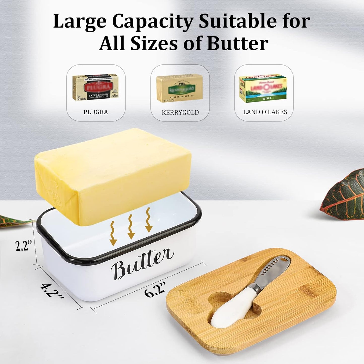 Unbreakable Butter Dish with Lid & Curler Knife – Metal Container with Double Silicone Sealing for Kitchen Farmhouse Decor