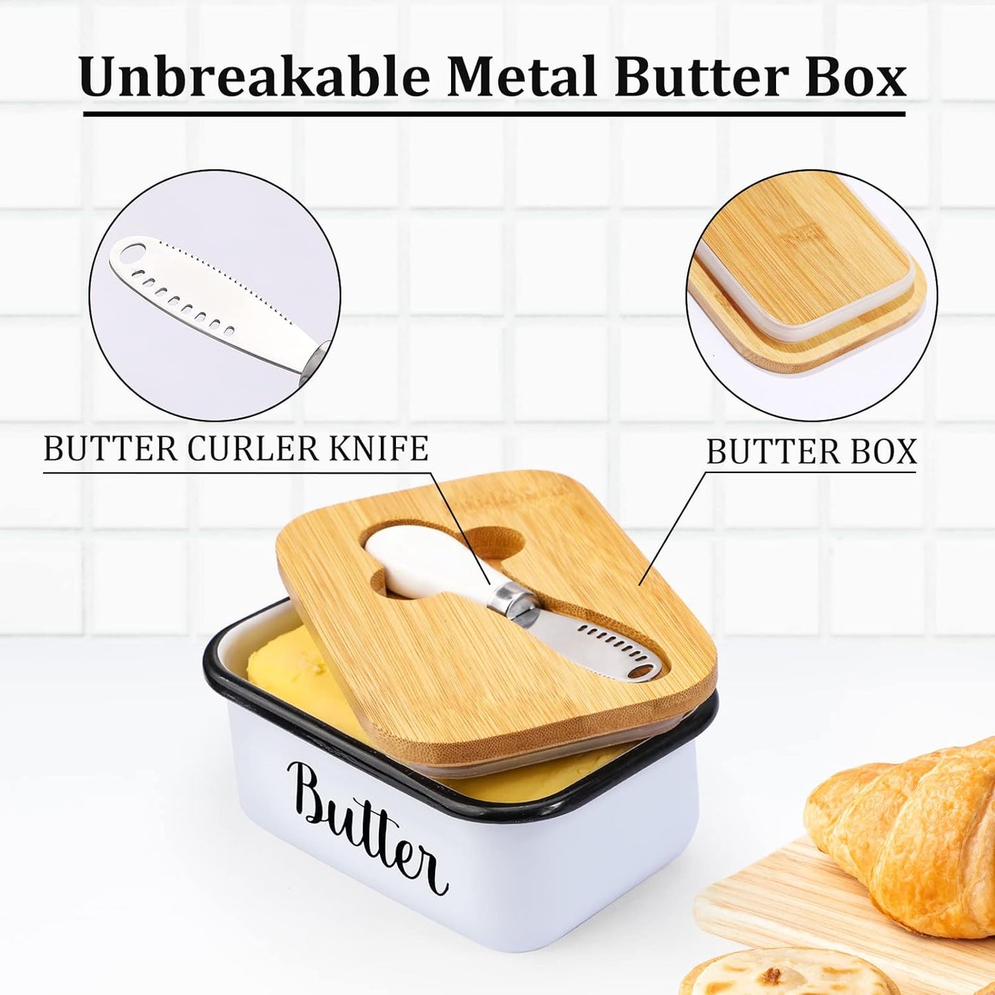 Unbreakable Butter Dish with Lid & Curler Knife – Metal Container with Double Silicone Sealing for Kitchen Farmhouse Decor