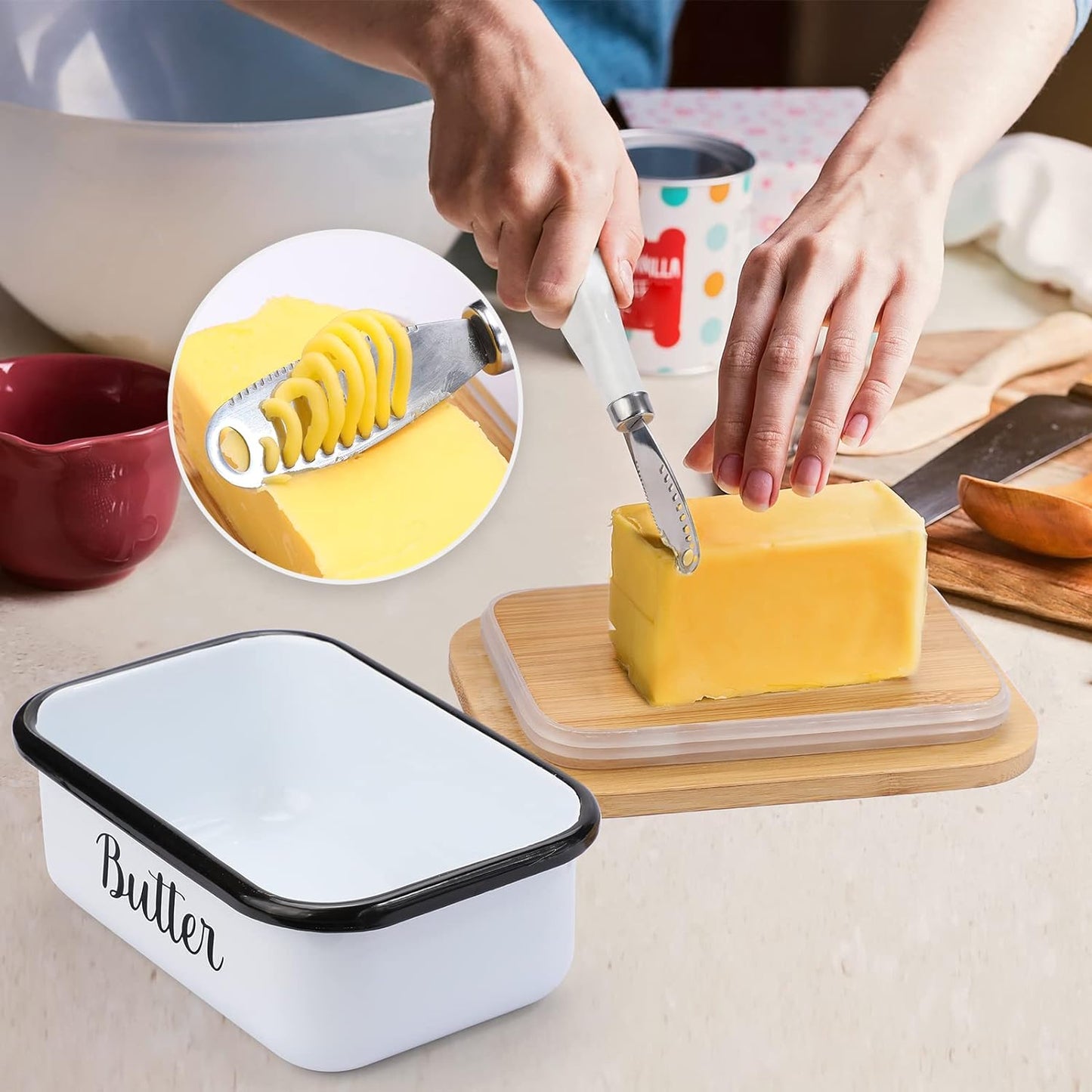 Unbreakable Butter Dish with Lid & Curler Knife – Metal Container with Double Silicone Sealing for Kitchen Farmhouse Decor