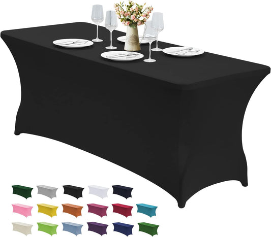 6FT Stretch Spandex Table Cover, Wrinkle Resistant, Rectangular Fitted, Black
