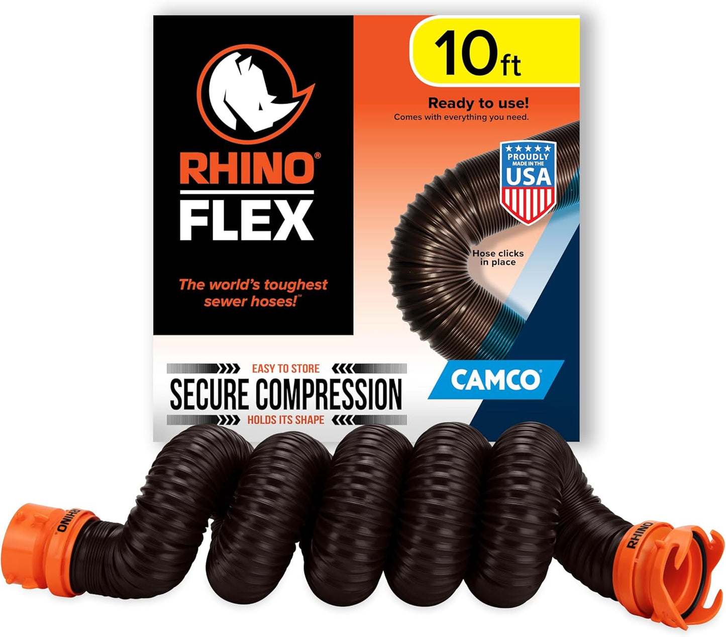RhinoFLEX 10' RV Sewer Hose Extension - Collapsible, Heavy-Duty with Lug & Bayonet Fittings