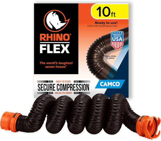 RhinoFLEX 10' RV Sewer Hose Extension - Collapsible, Heavy-Duty with Lug & Bayonet Fittings