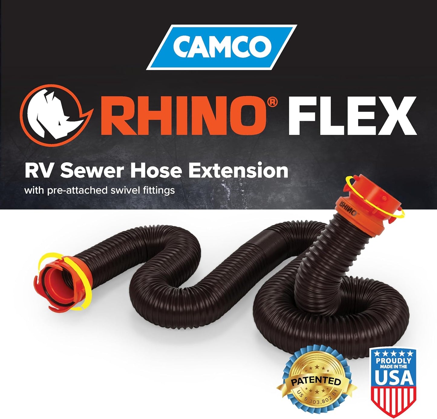 RhinoFLEX 10' RV Sewer Hose Extension - Collapsible, Heavy-Duty with Lug & Bayonet Fittings